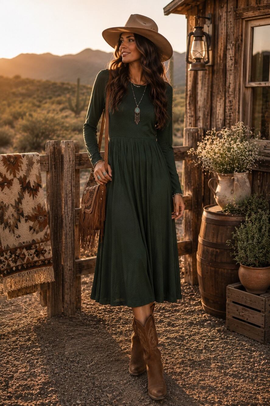 Peruvian Connection Green Long Sleeve Midi Dress Size Small
